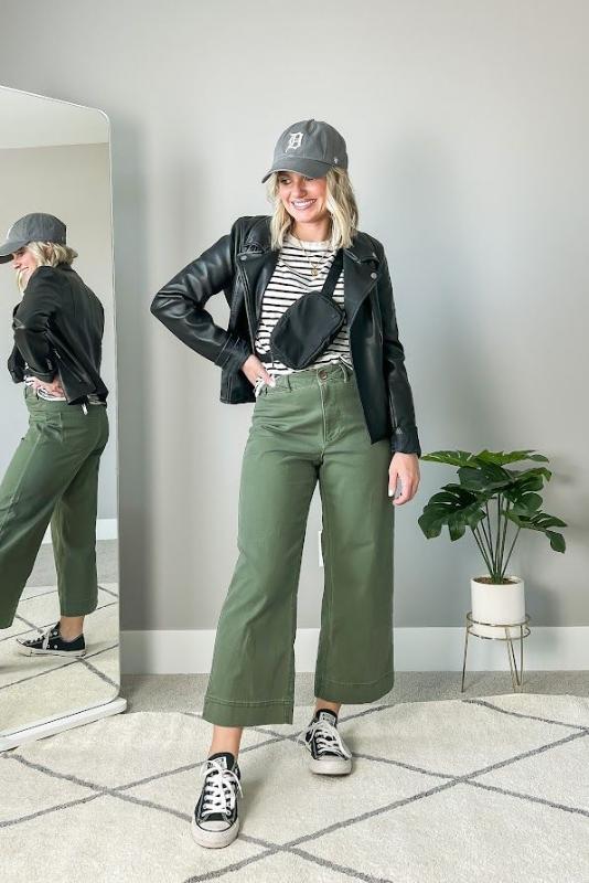 stripes and olive green pants