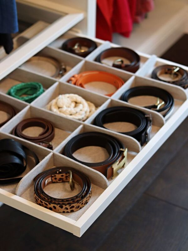 Organize belts in closet pull out rack