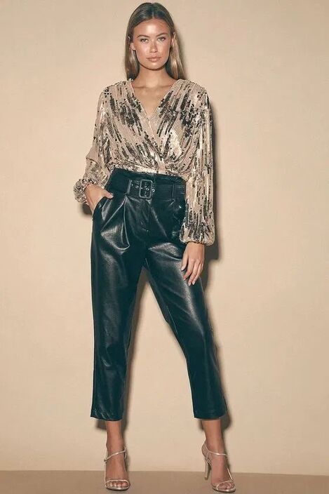 sequin top and leather pants outfit for valentine's day