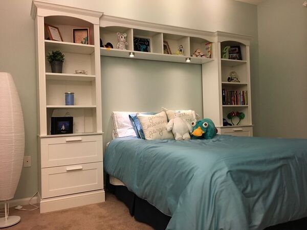 bookcase headboard bedroom organization