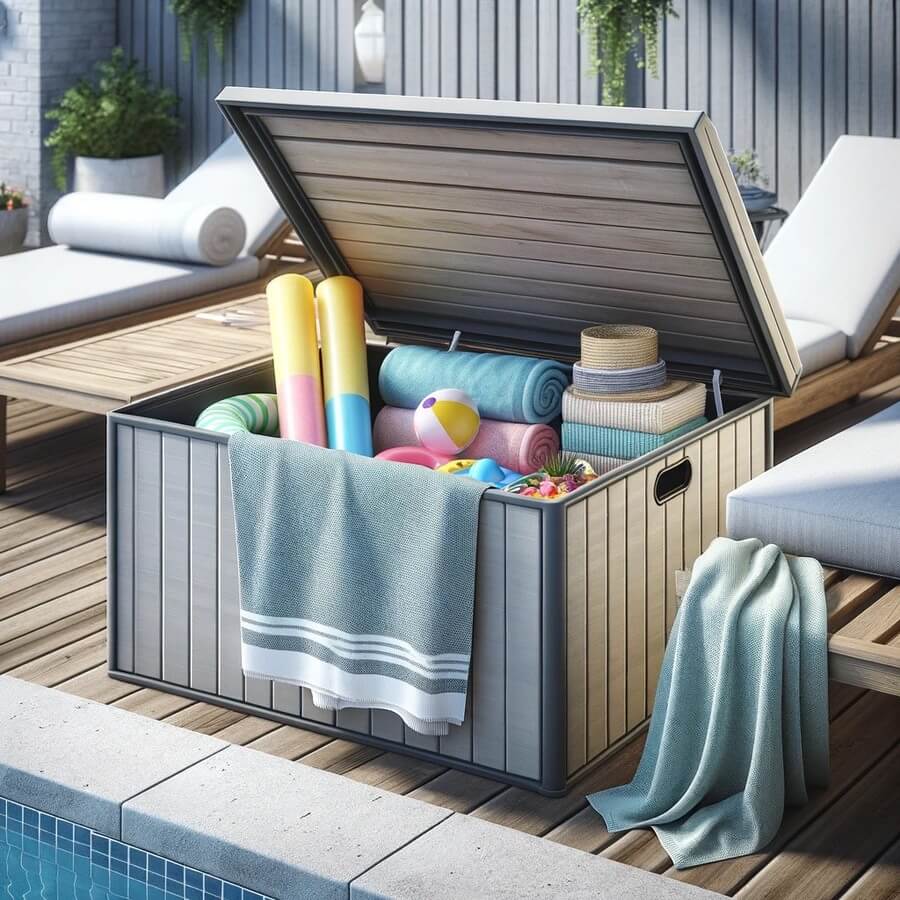 deck box pool toys and beach towel storgege ideas