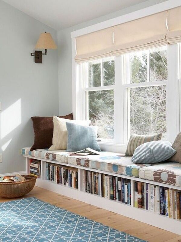how to organize books without a bookshelf in a window seat