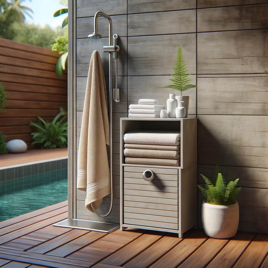 pool shower beach towel storage ideas