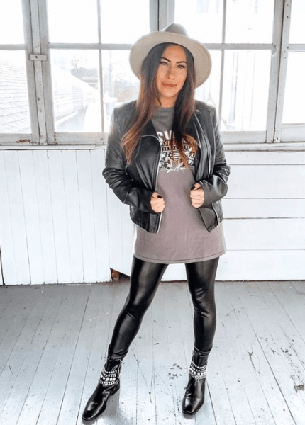 edgy black outfits with leather leggings and a hat