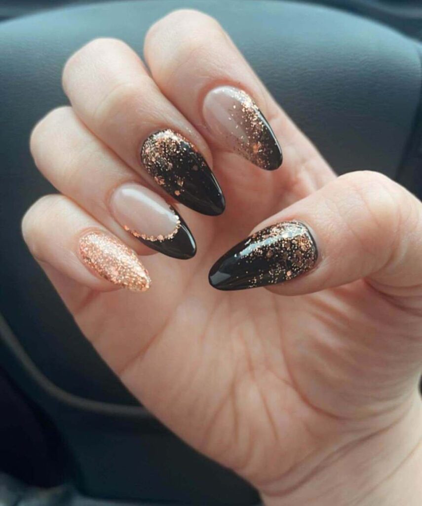 stiletto black and rose gold nails