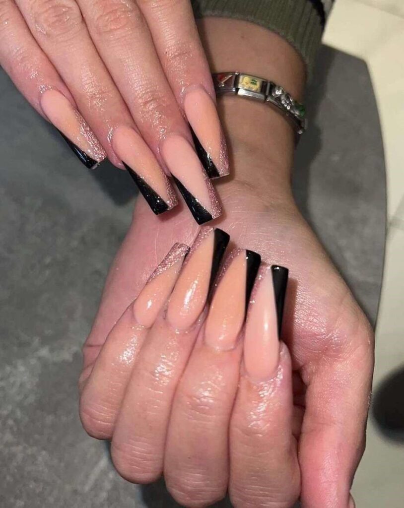 long black and rose gold nails