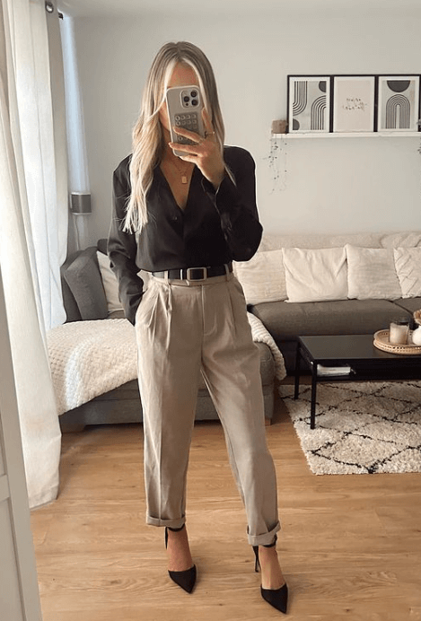 beige pants and black heels outfit