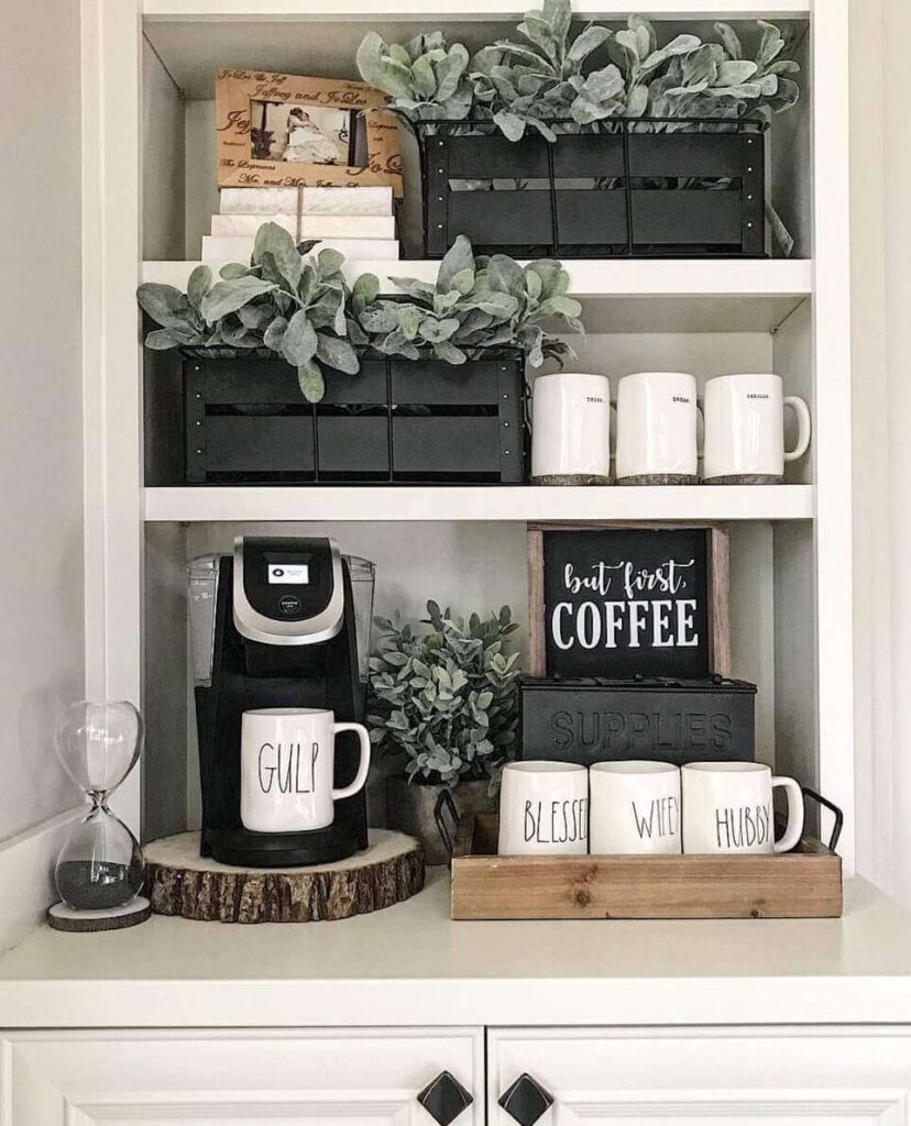 bedroom coffee station ideas using shelves