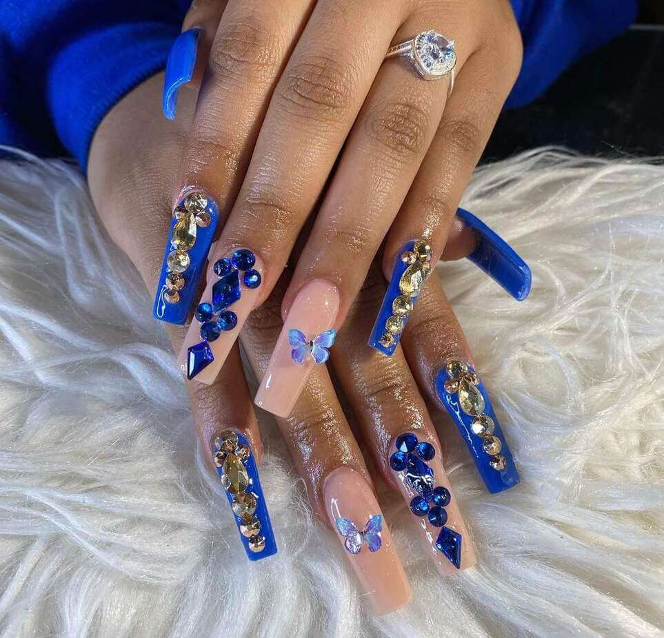glittter blue graduation nails