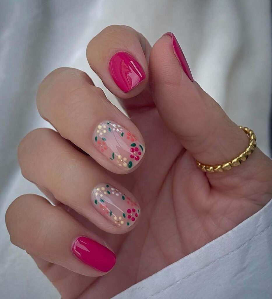 floral short pink nails