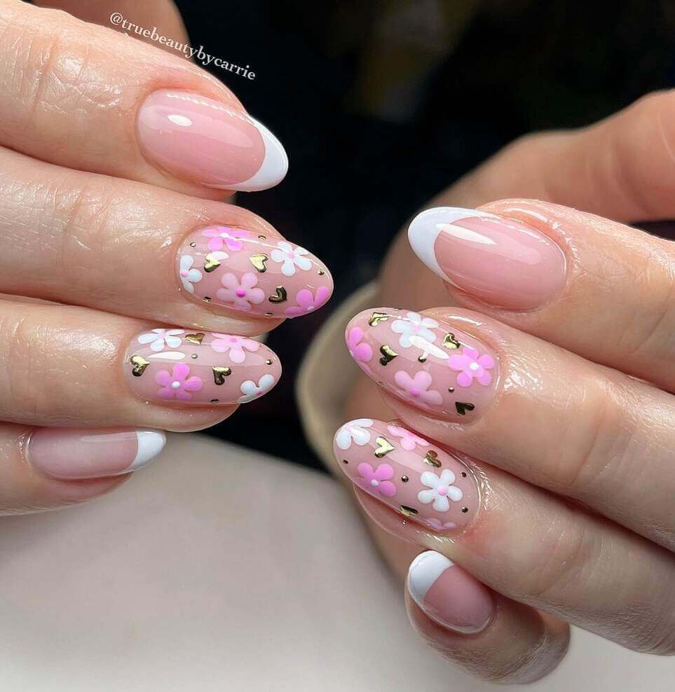 floral almond pink nails