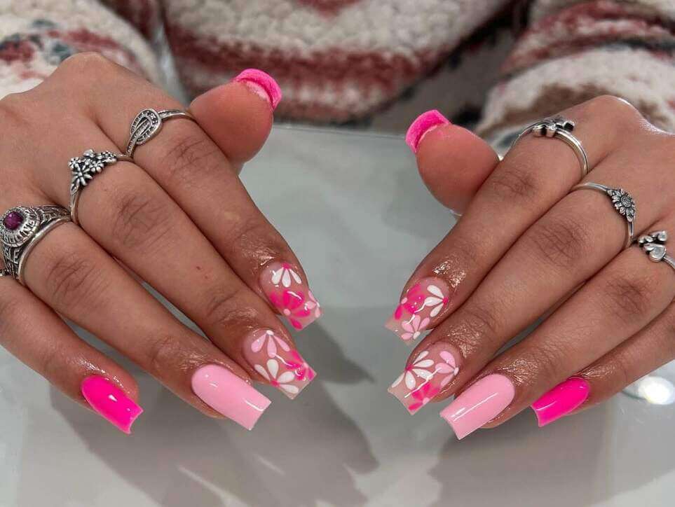 floral square pink nail designs