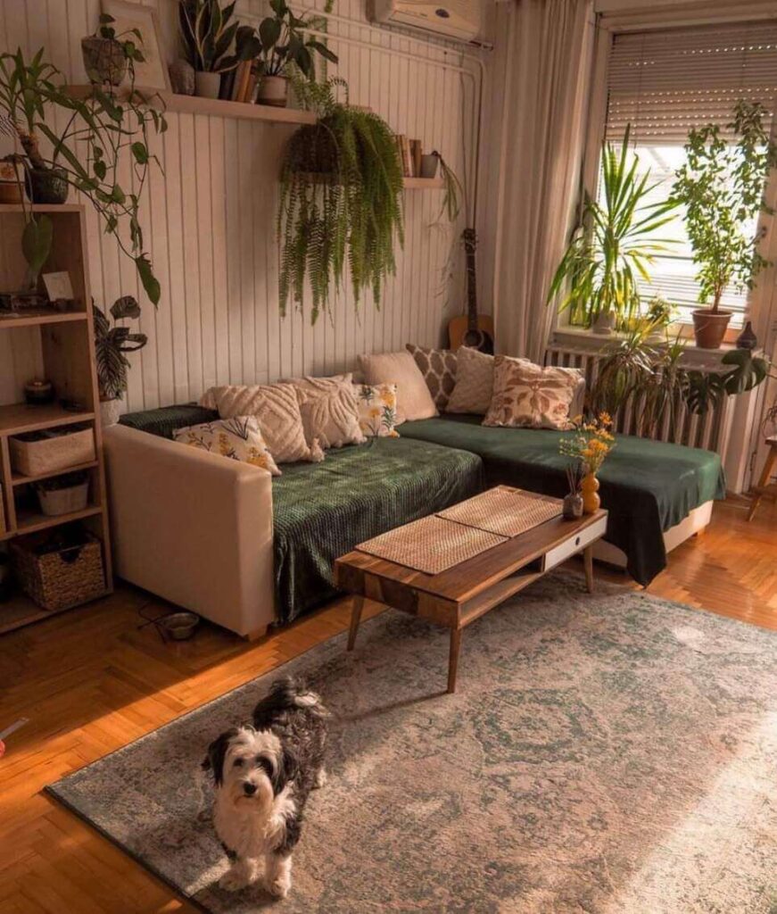 boho living room with plants