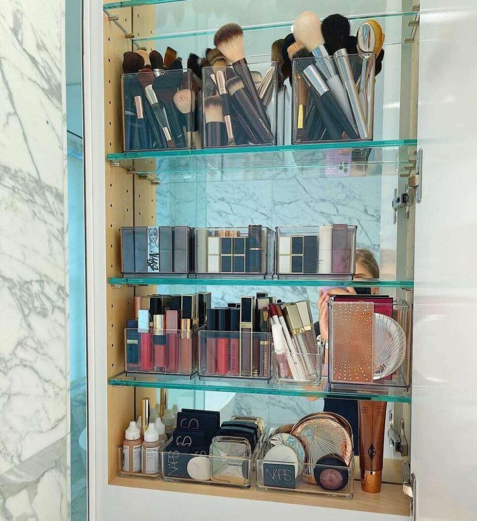 organize makeup in bathroom cabinet