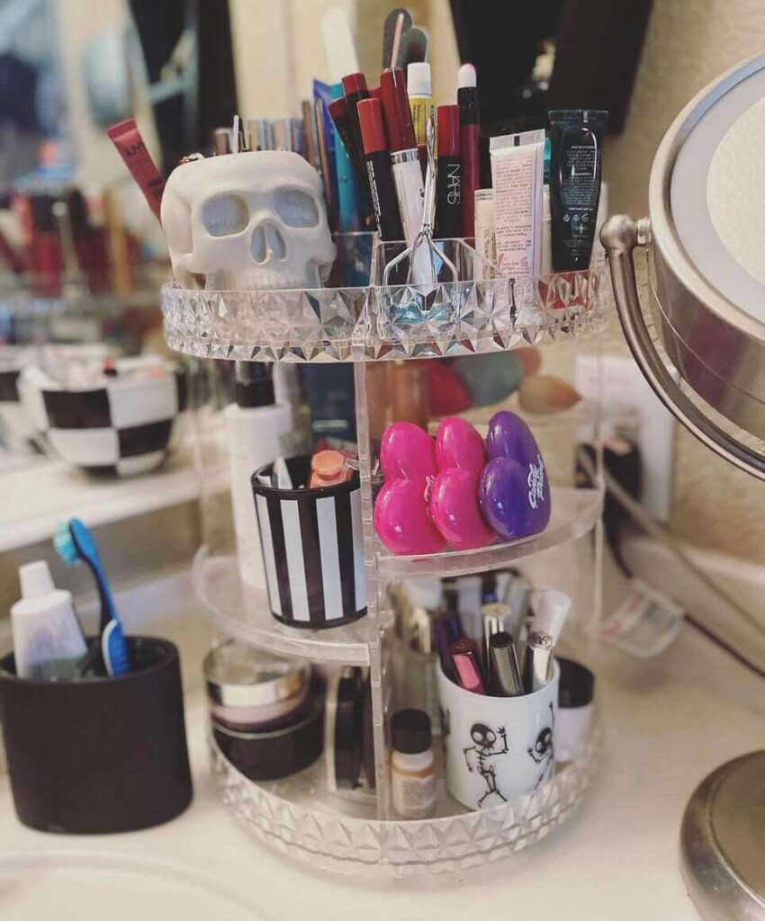 organize makeup in bathroom counter