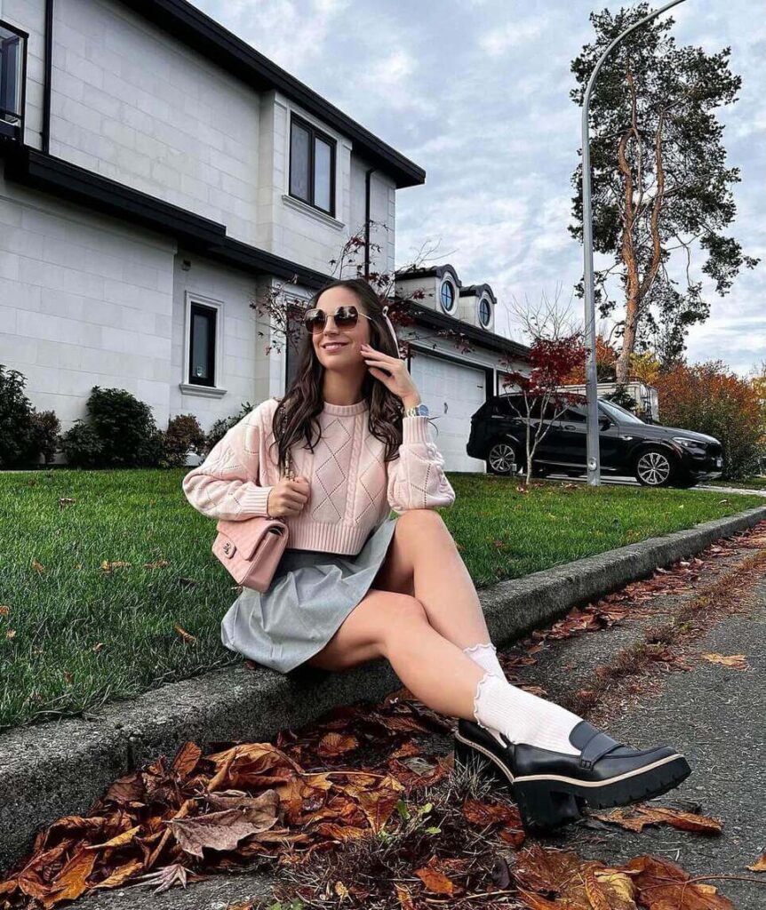 light pink sweater and skirt outfit