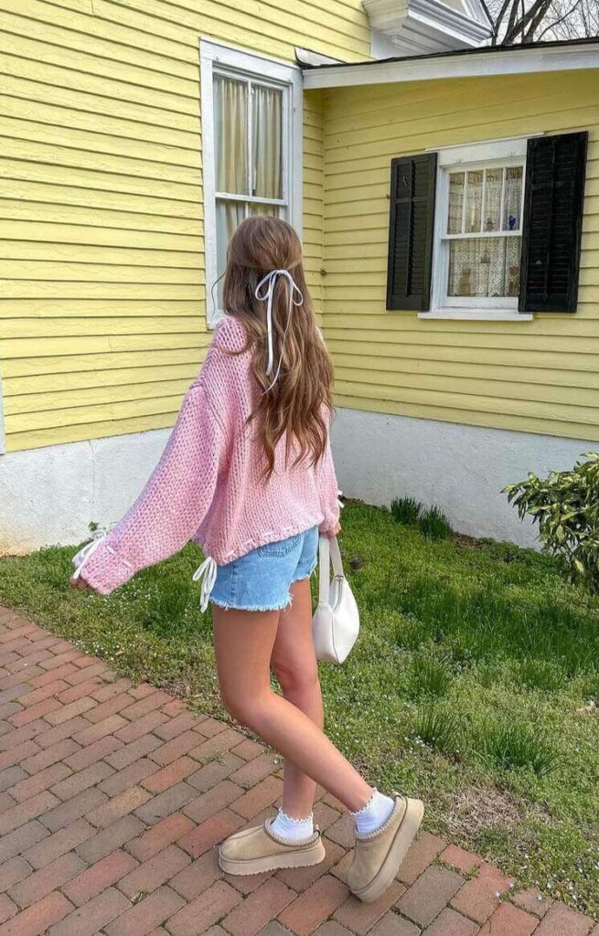 light pink sweater and denim shorts