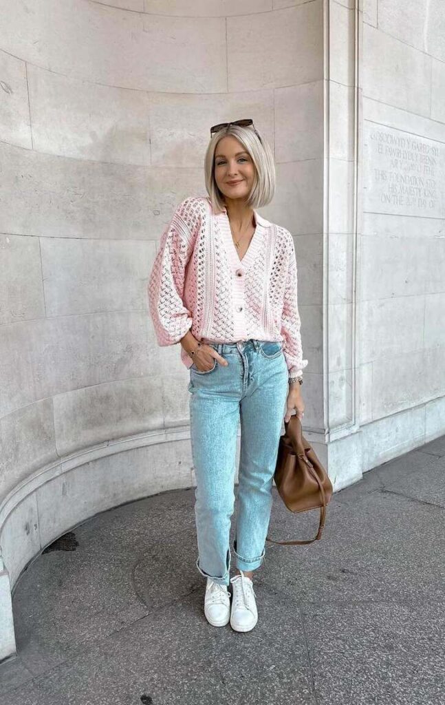 light pink cardigan outfit