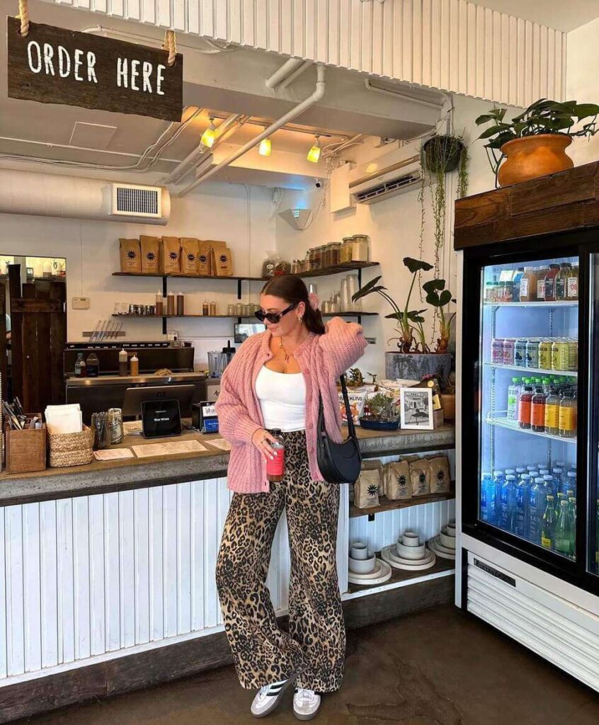 light pink sweater outfit and wild pants