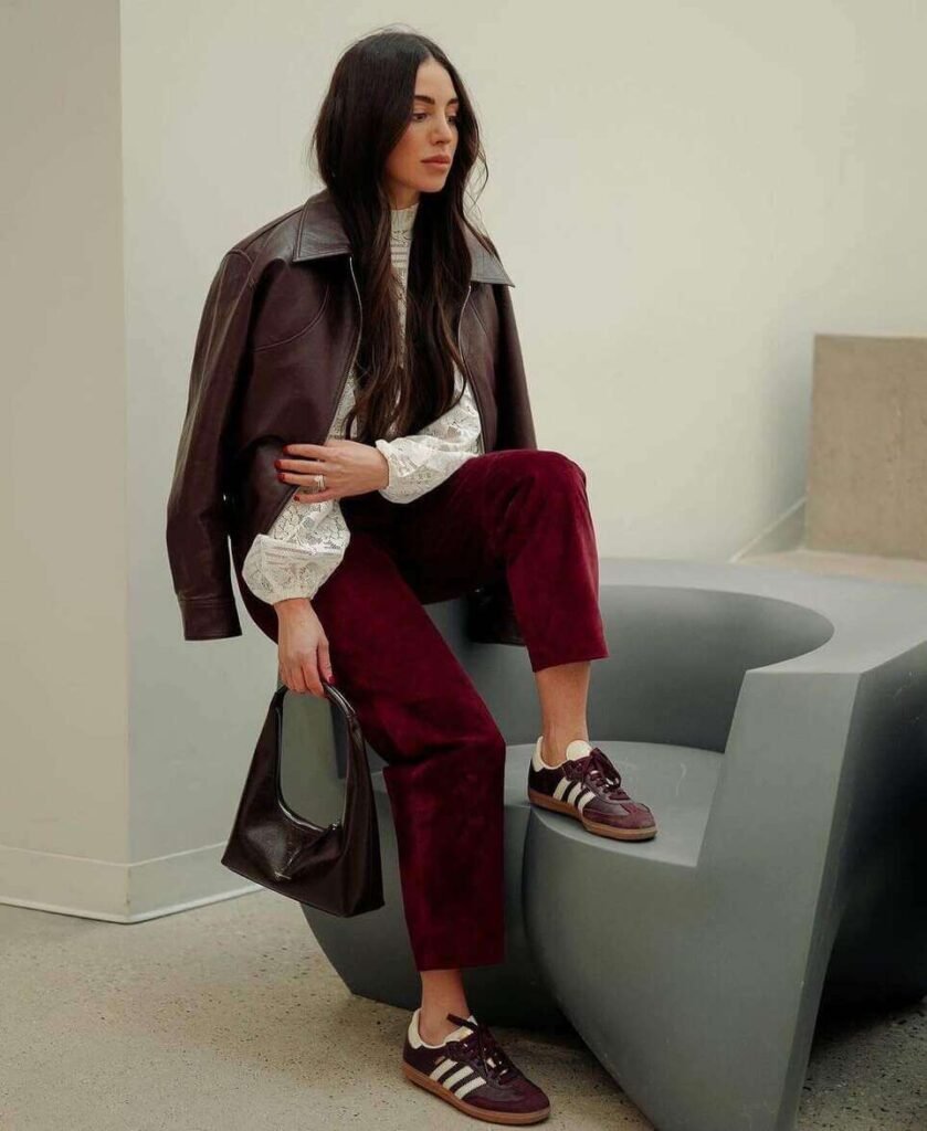 burgundy outfit ideas with pants