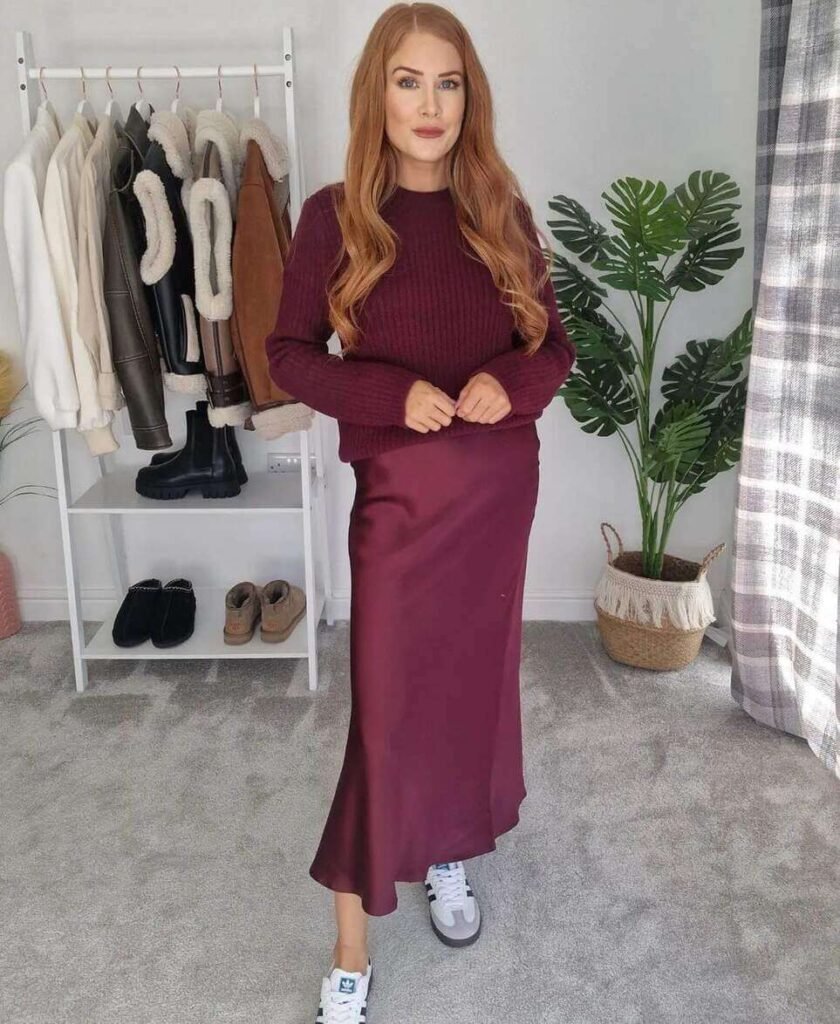 burgundy outfits with a satin skirt