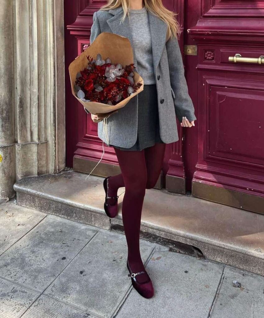 Burgundy and gray outfit hotsell