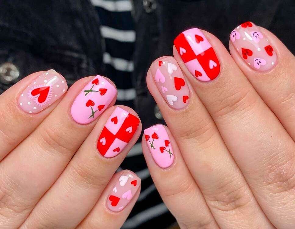 Red and pink Valentines nails