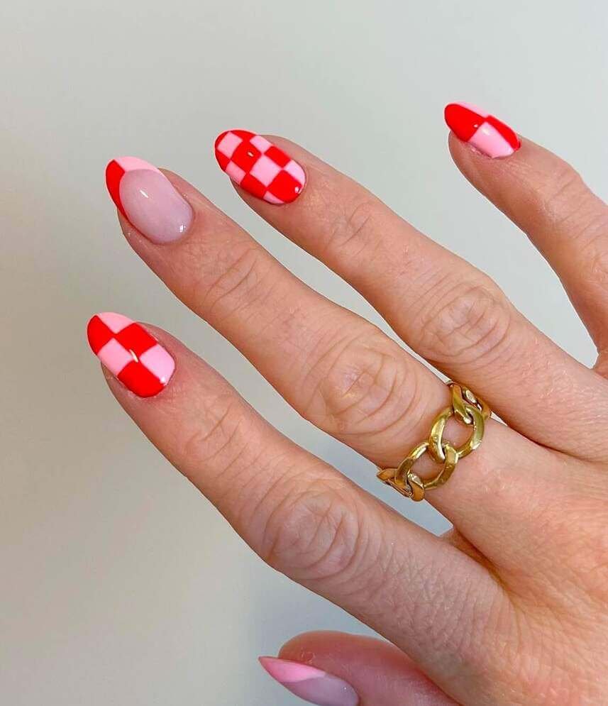 checkered Valentine's nails