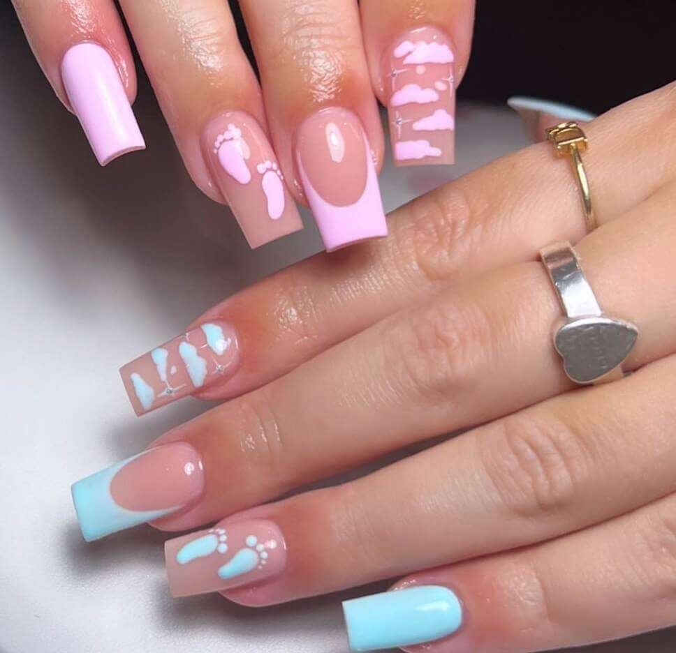 pink and blue baby shower nails with clouds