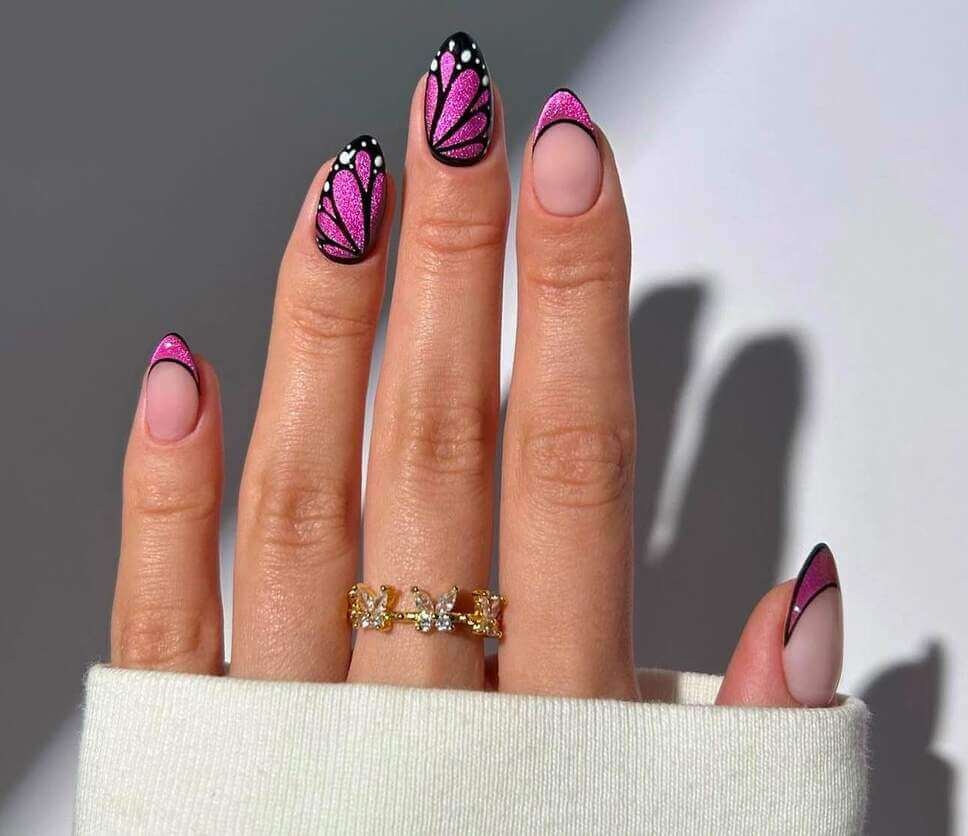 short pink butterfly nails