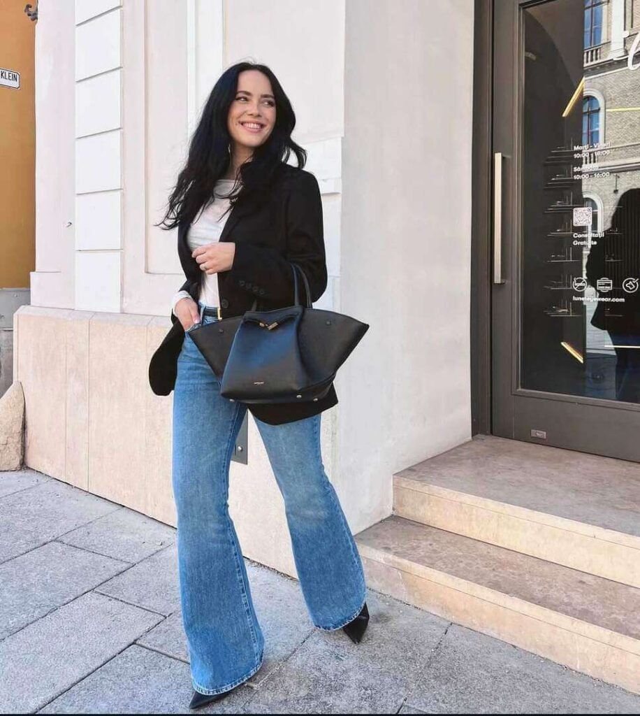 bell bottom jeans and a blazer