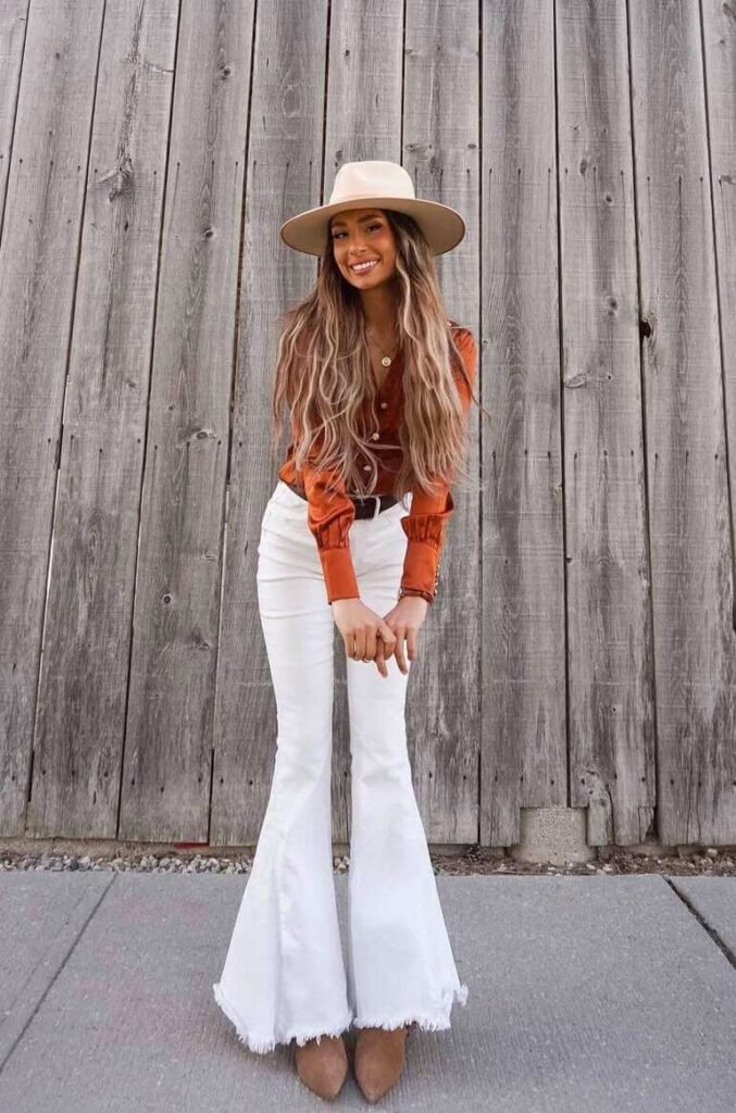 bell bottom outfit with white jeans