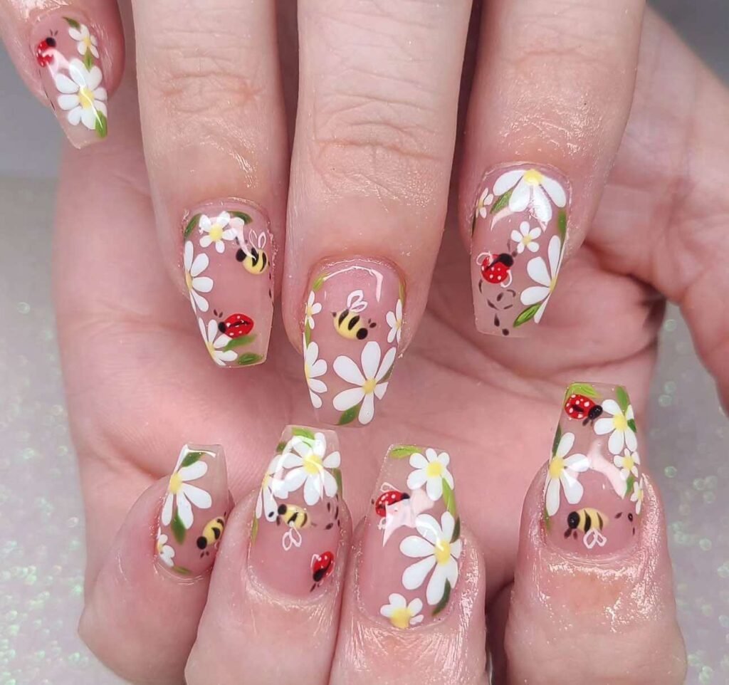 flowers and bees nail designs