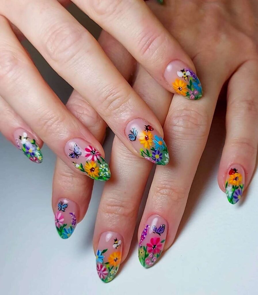 bee nails with flowers