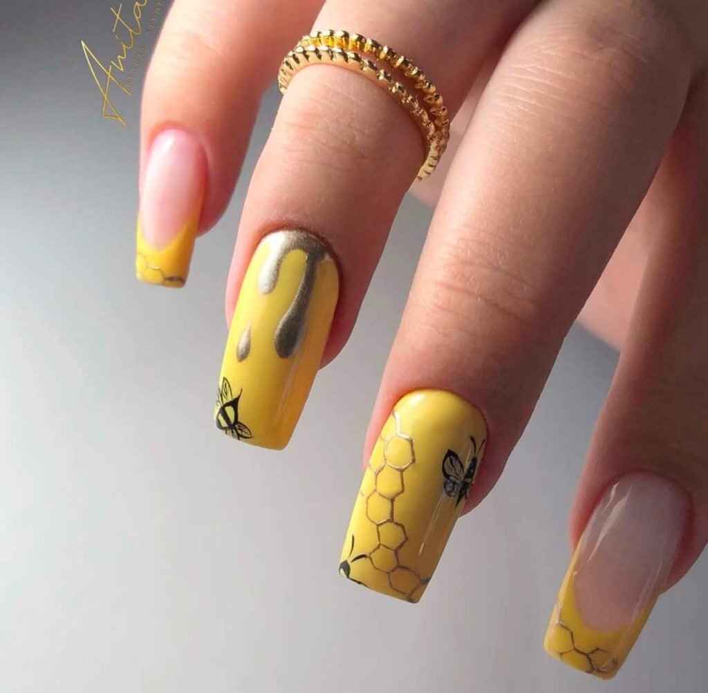 long square bee nail art ideas