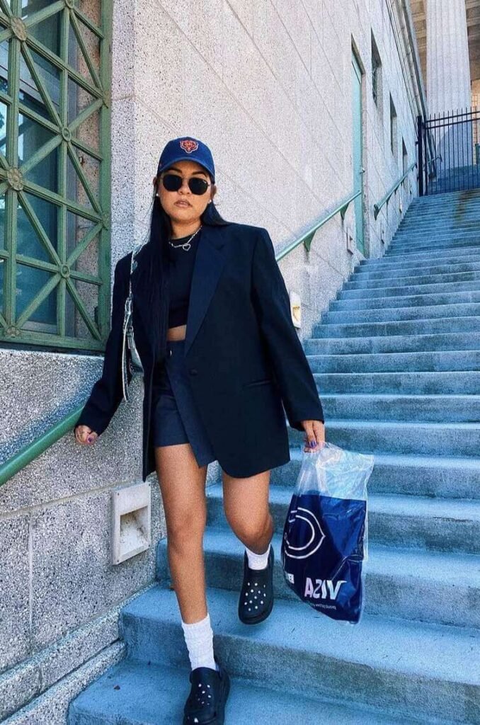 crocs outfit ideas with a blazer