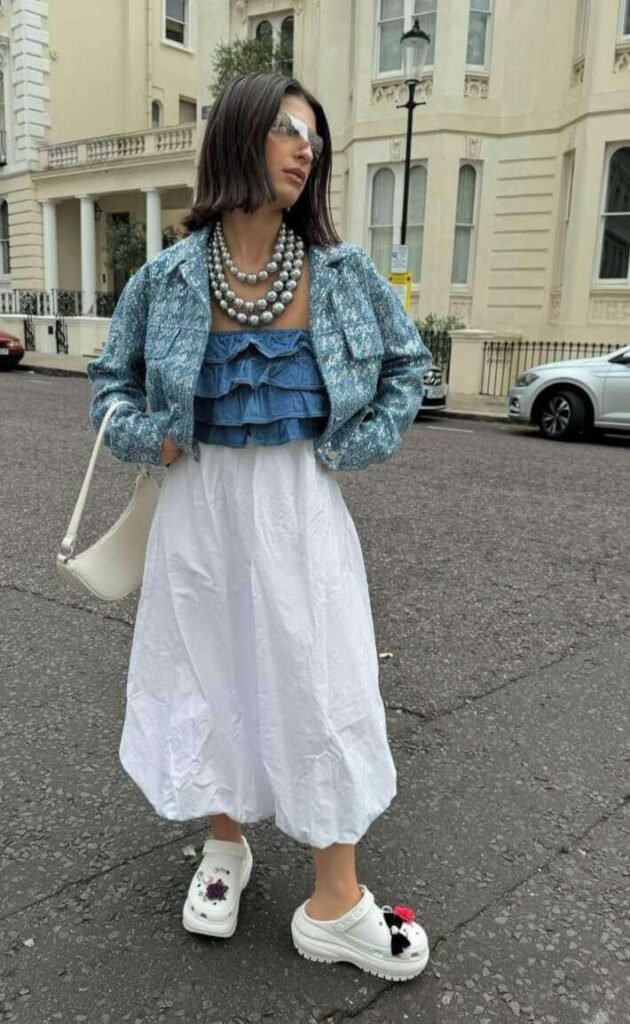 crocs outfit ideas with a skirt
