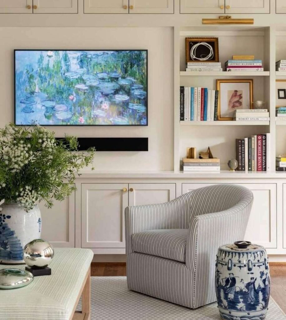 living room tv wall ideas with a bookshelf