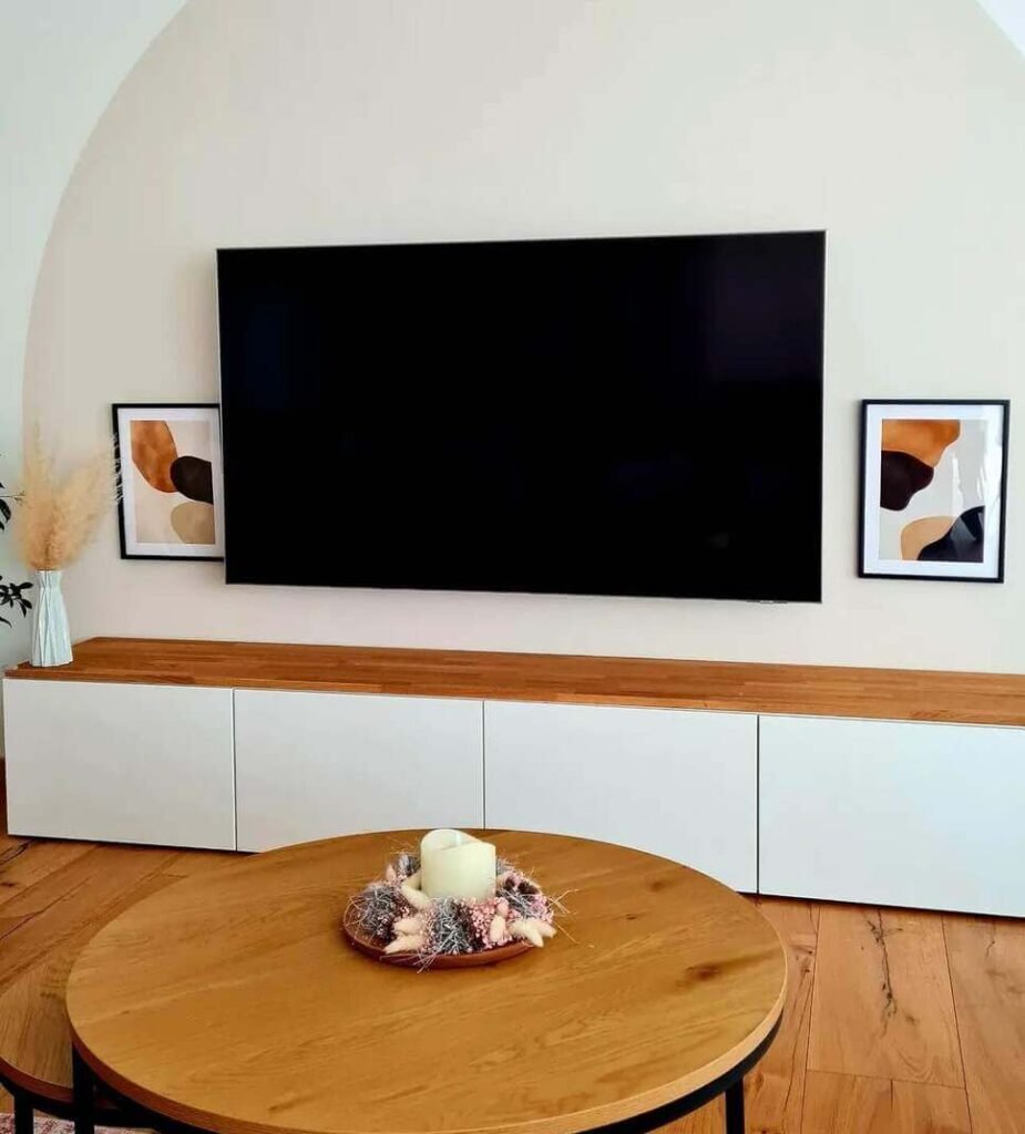 living room tv wall with wood trim