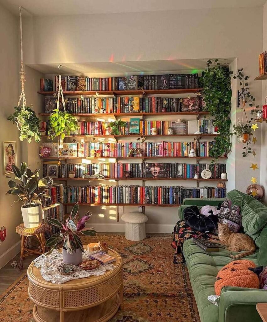 boho living room library ideas