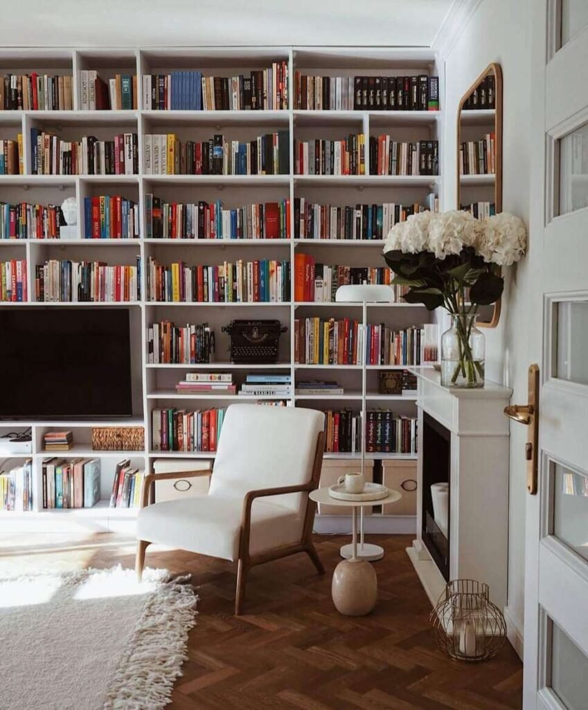 library with a fireplace