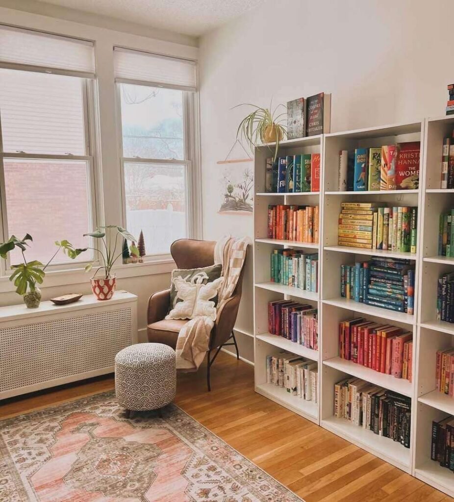 reading nook corner with a bookshelf