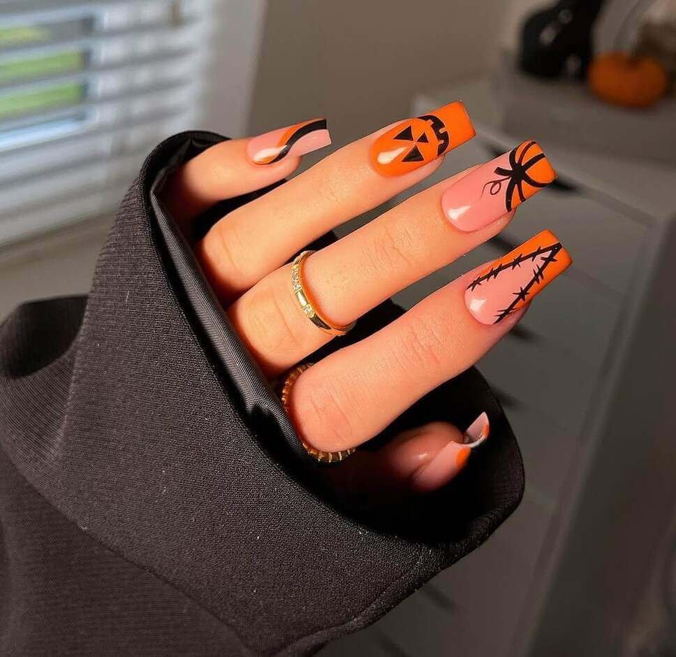 coffin black and orange halloween nails