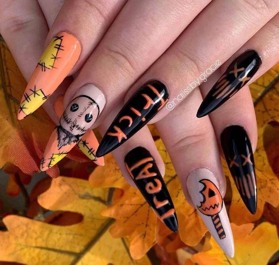 long black and orange halloween nails