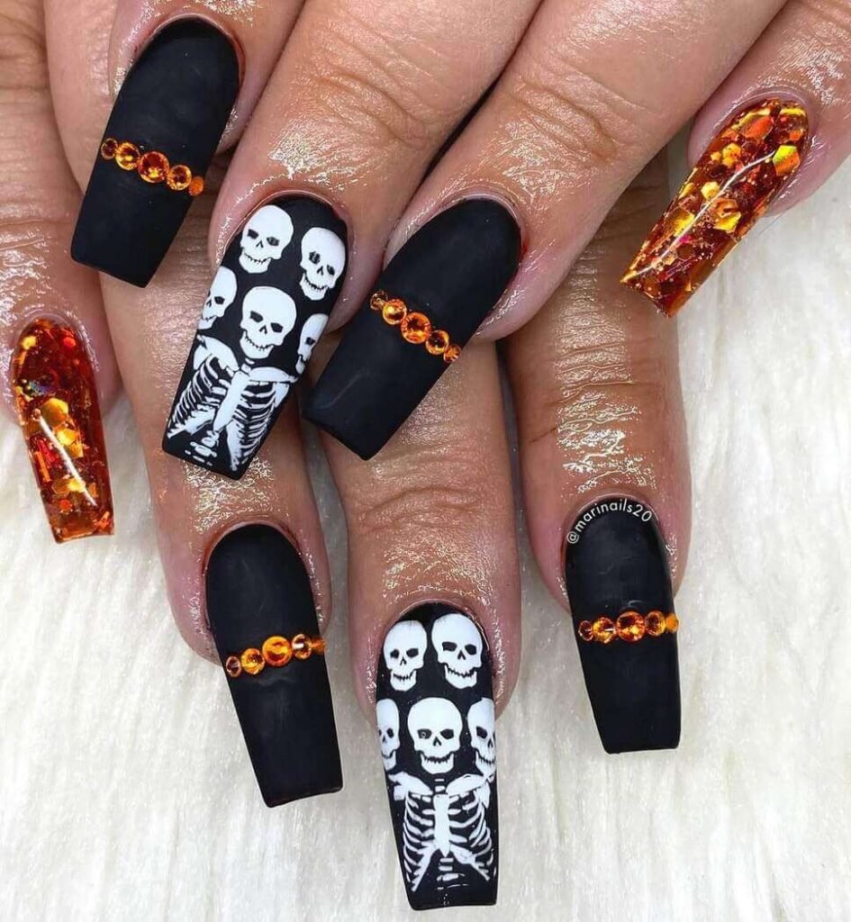 coffin orange and black halloween nail designs