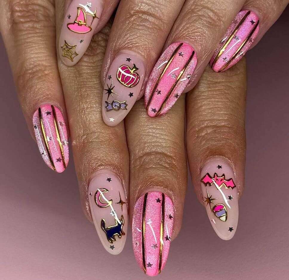 shimmery pink Halloween nail designs
