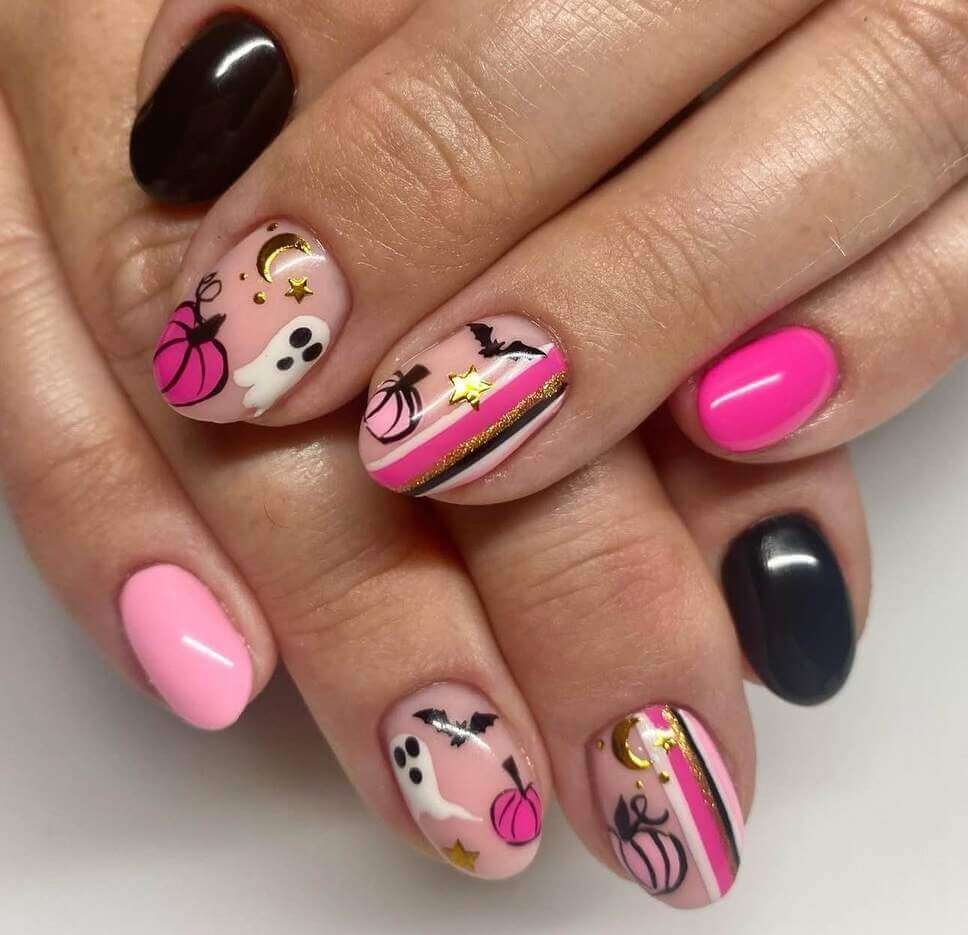 pink and black halloween nails