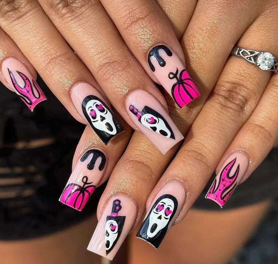 long pink Halloween scream nails