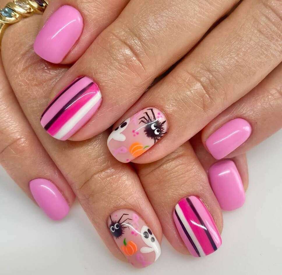 striped pink halloween nails