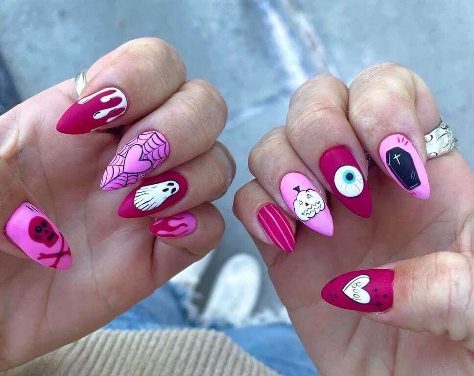 almond pink Halloween nails